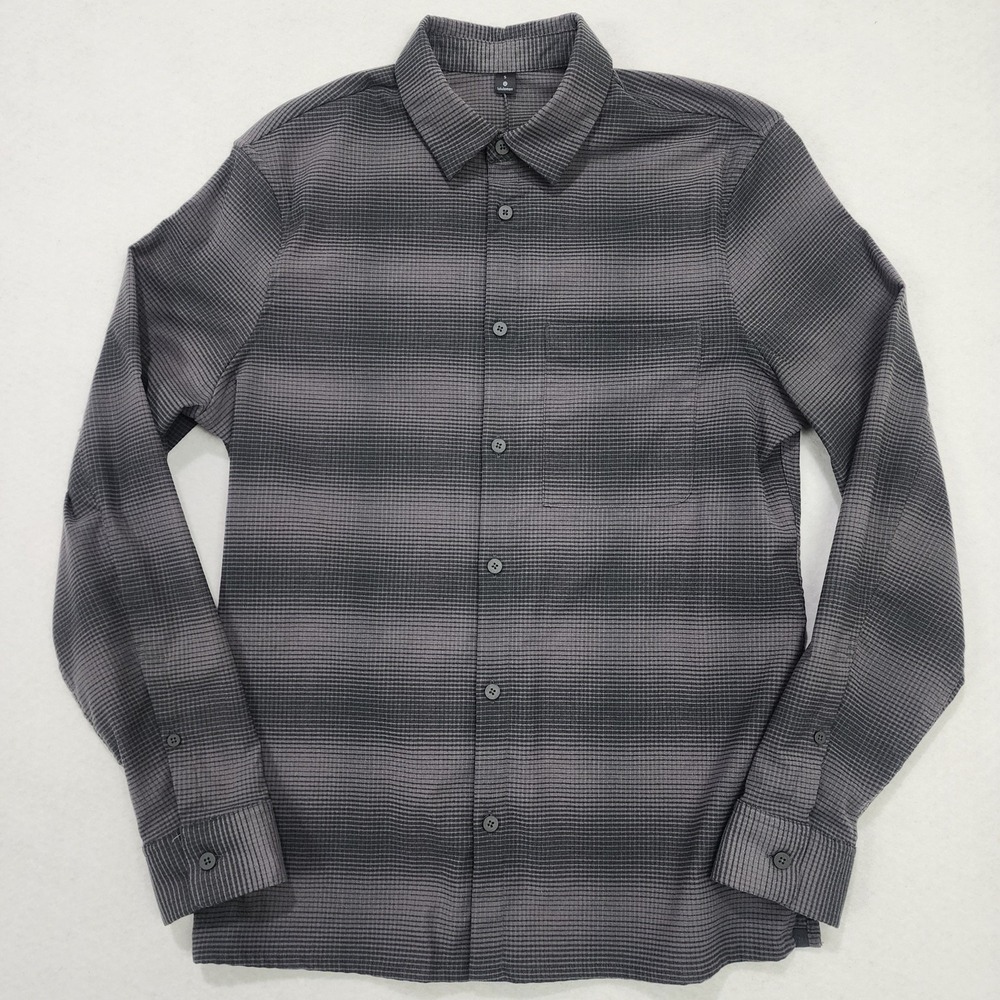 Lululemon Flannel Shirt Mens Small Gray Black Grid Check Long Sleeve Button Up